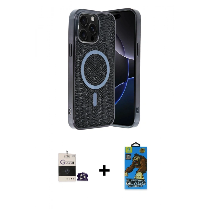 MARSİLYAN™- iPhone 14 Pro Max Kılıf Eksen Çizgi - Siyah 18D Cam Ekran Koruyucu + Bilvis Titan Kamera Lens - GS