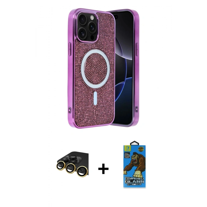 MARSİLYAN™- iPhone 14 Pro Max Kılıf Eksen Çizgi - Siyah 18D Cam Ekran Koruyucu + Raze Metal Kamera Lens - GD
