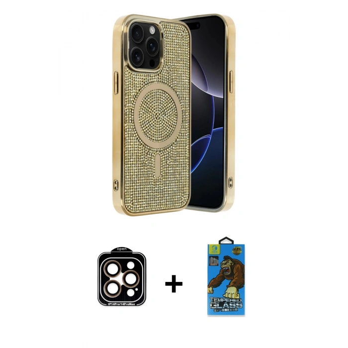 MARSİLYAN™- iPhone 14 Pro Max Kılıf Eksen Çizgi - Siyah 18D Cam Ekran Koruyucu + PVD Metal Kamera Lens - TU