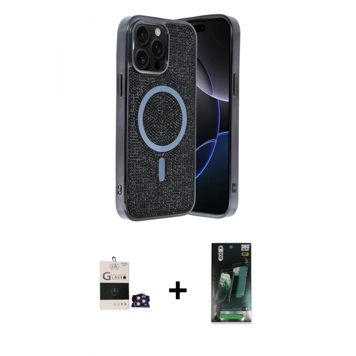 MARSİLYAN™- iPhone 14 Pro Max Kılıf Eksen Çizgi - Siyah 360 Mat Full Body Arka Koruyucu + Bilvis Titan Kamera Lens - GD