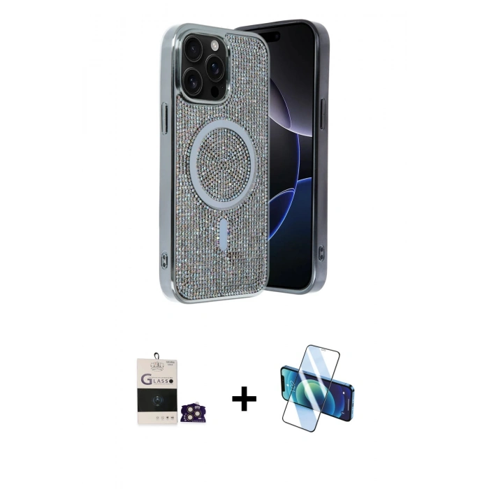 MARSİLYAN™- iPhone 14 Pro Max Kılıf Eksen Çizgi - Siyah 3D Antistatik Cam Ekran Koruyucu + Bilvis Titan Kamera Lens - GD