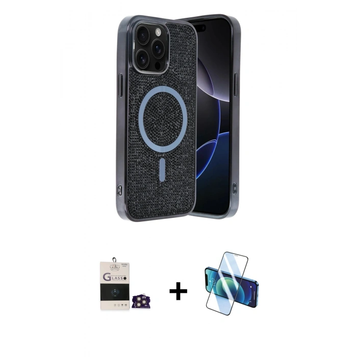 MARSİLYAN™- iPhone 14 Pro Max Kılıf Eksen Çizgi - Siyah 3D Antistatik Cam Ekran Koruyucu + Bilvis Titan Kamera Lens - GD