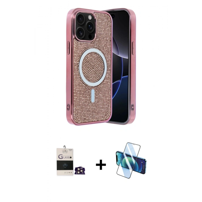 MARSİLYAN™- iPhone 14 Pro Max Kılıf Eksen Çizgi - Siyah 3D Antistatik Cam Ekran Koruyucu + Bilvis Titan Kamera Lens - GD