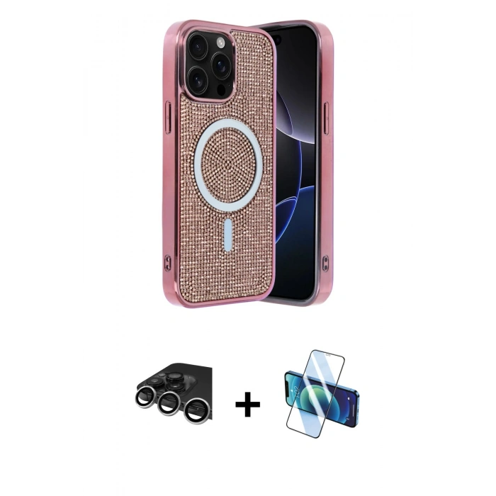 MARSİLYAN™- iPhone 14 Pro Max Kılıf Eksen Çizgi - Siyah 3D Antistatik Cam Ekran Koruyucu + Gümüş Raze Metal Kamera Lens
