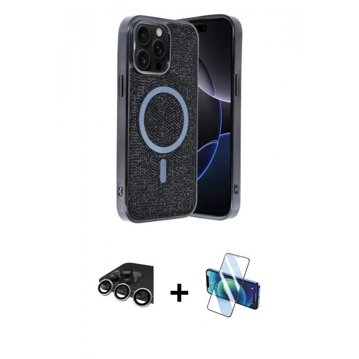 MARSİLYAN™- iPhone 14 Pro Max Kılıf Eksen Çizgi - Siyah 3D Antistatik Cam Ekran Koruyucu + Gümüş Raze Metal Kamera Lens