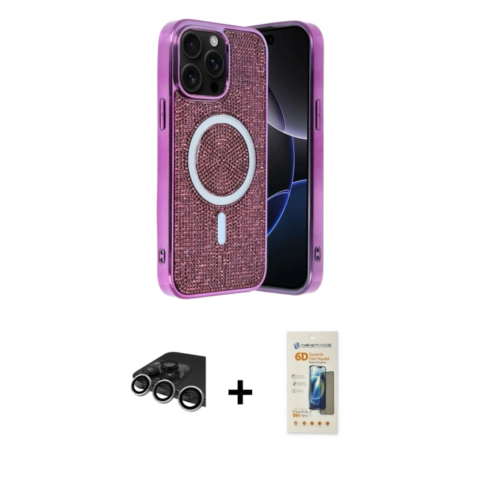 MARSİLYAN™- iPhone 14 Pro Max Kılıf Eksen Çizgi - Siyah 6D Mat Seramik Hayalet Nano Ekran Koruyucu + Raze Metal Kamera Lens - GS