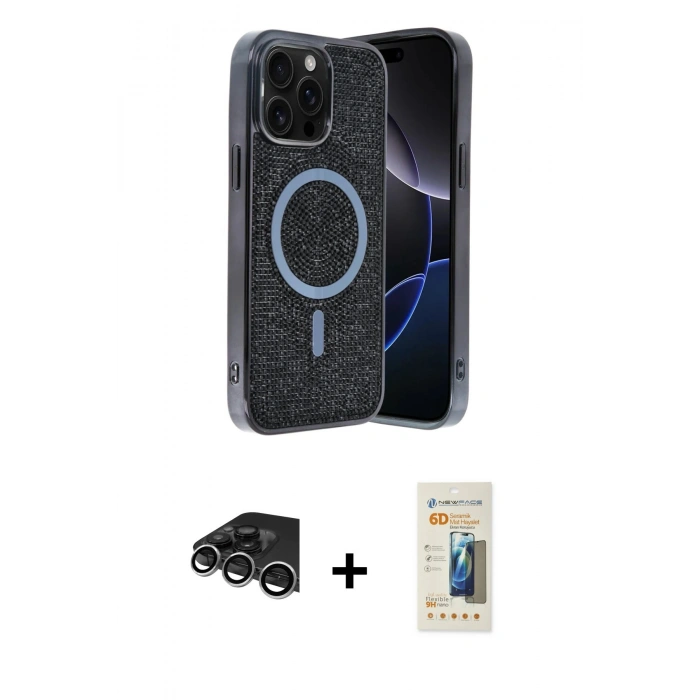 MARSİLYAN™- iPhone 14 Pro Max Kılıf Eksen Çizgi - Siyah 6D Mat Seramik Hayalet Nano Ekran Koruyucu + Raze Metal Kamera Lens - GS
