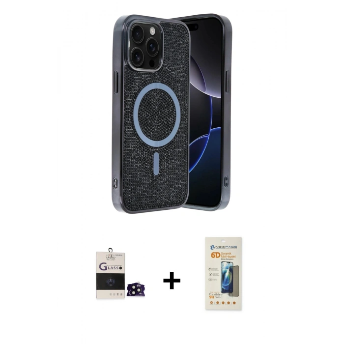 MARSİLYAN™- iPhone 14 Pro Max Kılıf Eksen Çizgi - Siyah 6D Mat Seramik Hayalet Nano Ekran Koruyucu + Bilvis Titan Kamera Lens - SH