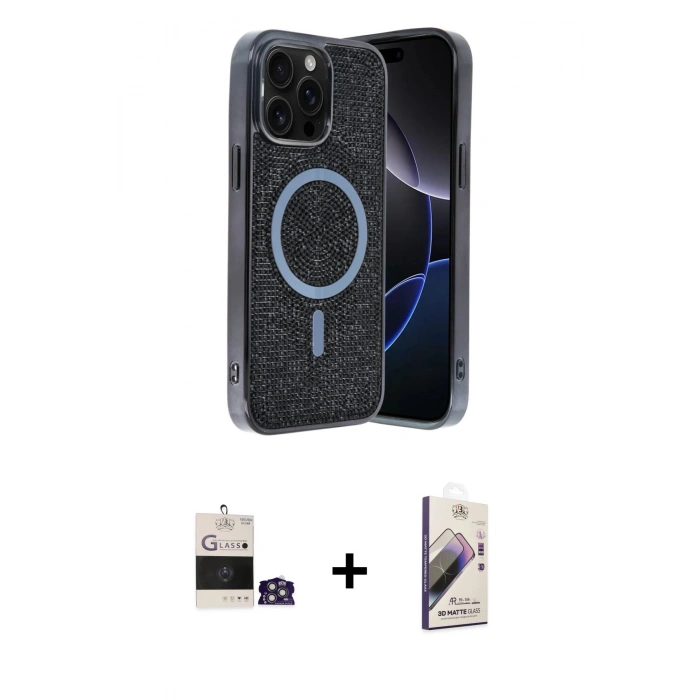 MARSİLYAN™- iPhone 14 Pro Max Kılıf Eksen Çizgi - Siyah Bilvis 3D Mat Cam Ekran Koruyucu + Bilvis Titan Kamera Lens - GS