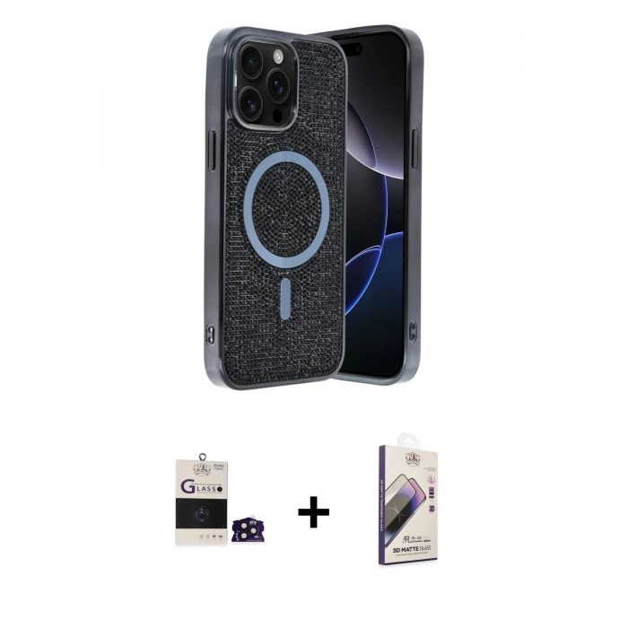 MARSİLYAN™- iPhone 14 Pro Max Kılıf Eksen Çizgi - Siyah Bilvis 3D Mat Cam Ekran Koruyucu + Bilvis Titan Kamera Lens - DNMR