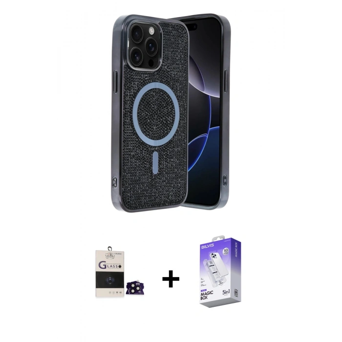 MARSİLYAN™- iPhone 14 Pro Max Kılıf Eksen Çizgi - Siyah Bilvis 5in1 3D Magic Cam Ekran Koruyucu + Bilvis Titan Kamera Lens - SH