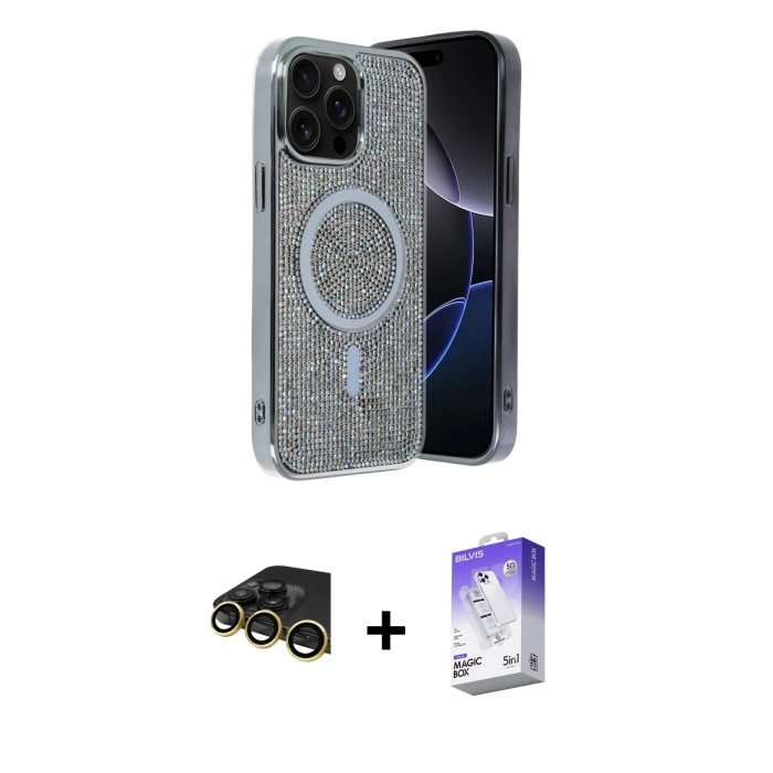 MARSİLYAN™- iPhone 14 Pro Max Kılıf Eksen Çizgi - Siyah Bilvis 5in1 3D Magic Cam Ekran Koruyucu + Raze Metal Kamera Lens - GD