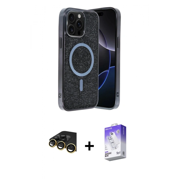 MARSİLYAN™- iPhone 14 Pro Max Kılıf Eksen Çizgi - Siyah Bilvis 5in1 3D Magic Cam Ekran Koruyucu + Raze Metal Kamera Lens - GD