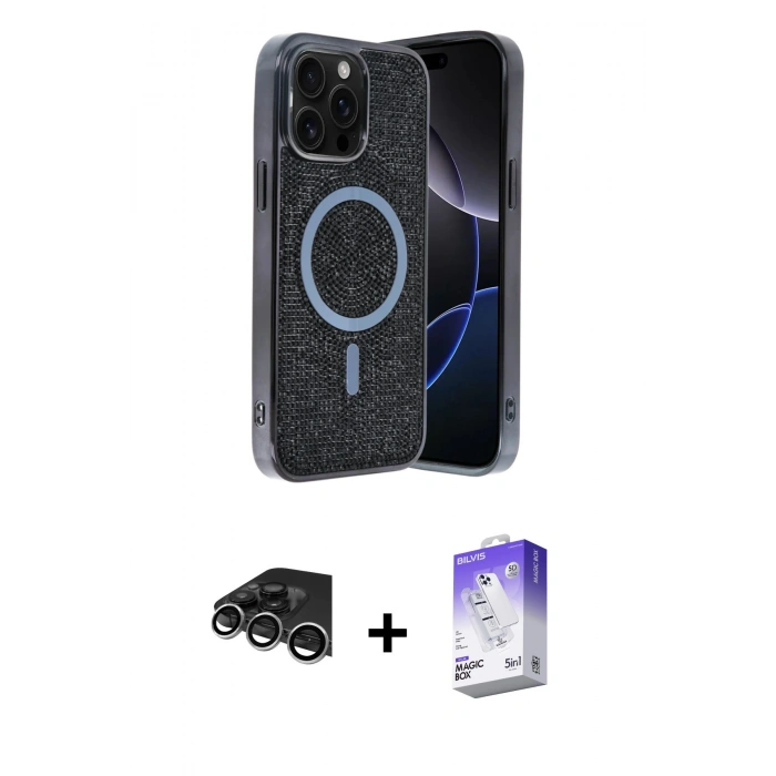 MARSİLYAN™- iPhone 14 Pro Max Kılıf Eksen Çizgi - Siyah Bilvis 5in1 3D Magic Cam Ekran Koruyucu + Raze Metal Kamera Lens - GS
