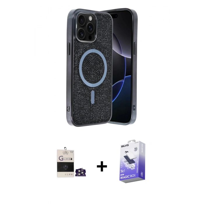 MARSİLYAN™- iPhone 14 Pro Max Kılıf Eksen Çizgi - Siyah Bilvis 5in1 5D Magic Hayalet Cam Ekran Koruyucu + Bilvis Titan Kamera Lens - GS