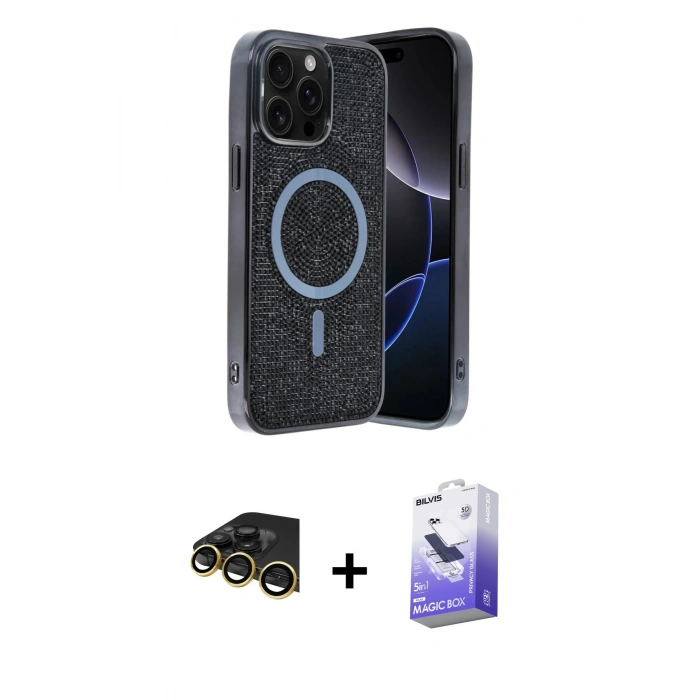 MARSİLYAN™- iPhone 14 Pro Max Kılıf Eksen Çizgi - Siyah Bilvis 5in1 5D Magic Hayalet Cam Ekran Koruyucu + Raze Metal Kamera Lens - GD