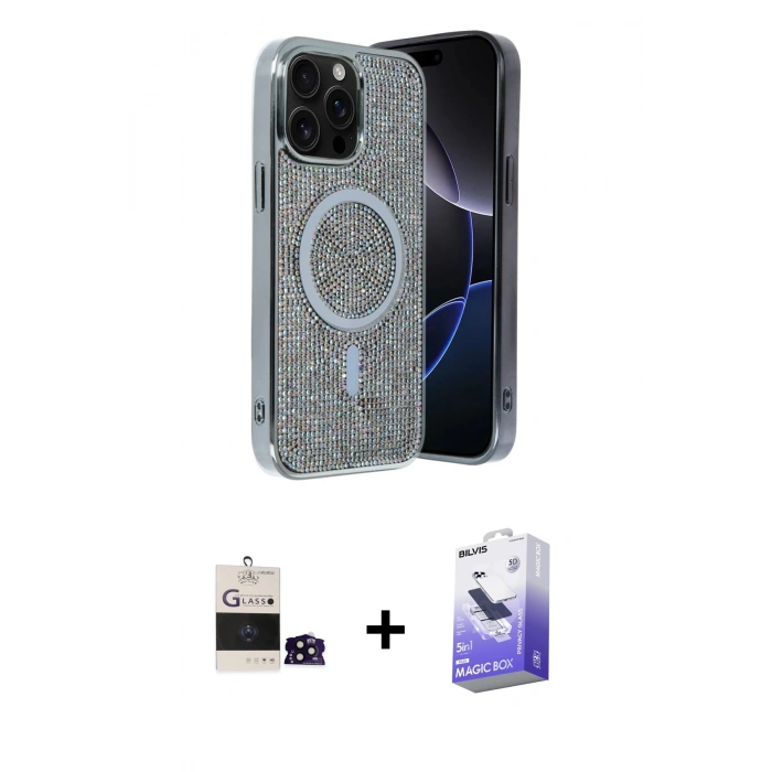MARSİLYAN™- iPhone 14 Pro Max Kılıf Eksen Çizgi - Siyah Bilvis 5in1 5D Magic Hayalet Cam Ekran Koruyucu + Siyah Bilvis Titan Kamera Lens