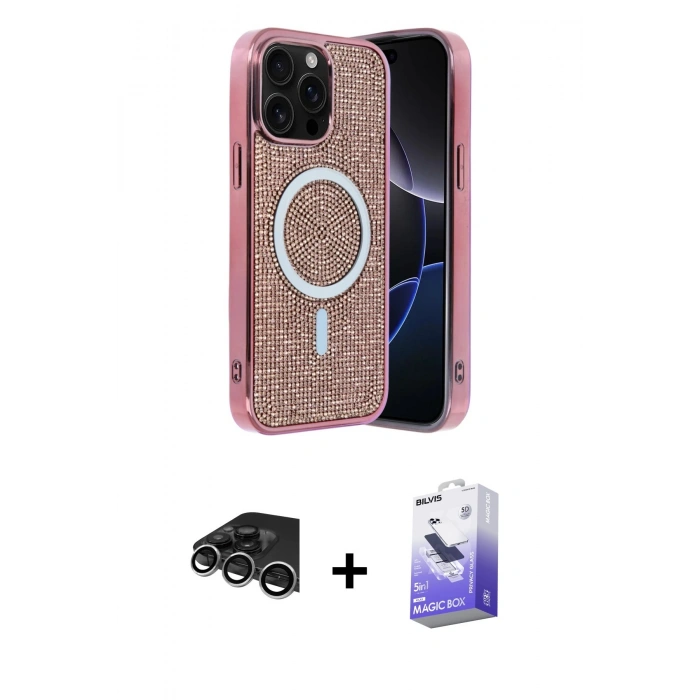 MARSİLYAN™- iPhone 14 Pro Max Kılıf Eksen Çizgi - Siyah Bilvis 5in1 5D Magic Hayalet Cam Ekran Koruyucu + Gümüş Raze Metal Kamera Lens