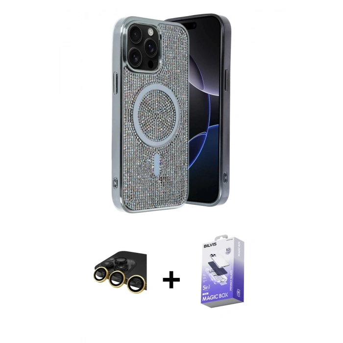 MARSİLYAN™- iPhone 14 Pro Max Kılıf Eksen Çizgi - Siyah Bilvis 5in1 5D Magic Hayalet Cam Ekran Koruyucu + Raze Metal Kamera Lens - GD