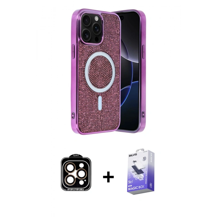 MARSİLYAN™- iPhone 14 Pro Max Kılıf Eksen Çizgi - Siyah Bilvis 5in1 5D Magic Hayalet Cam Ekran Koruyucu + PVD Metal Kamera Lens - TU