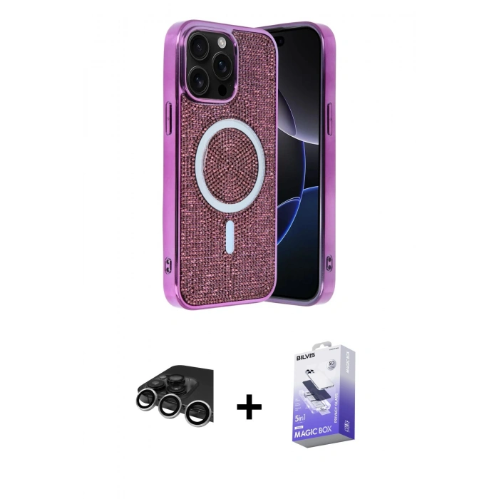 MARSİLYAN™- iPhone 14 Pro Max Kılıf Eksen Çizgi - Siyah Bilvis 5in1 5D Magic Hayalet Cam Ekran Koruyucu + Gümüş Raze Metal Kamera Lens
