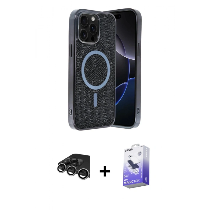 MARSİLYAN™- iPhone 14 Pro Max Kılıf Eksen Çizgi - Siyah Bilvis 5in1 5D Magic Hayalet Cam Ekran Koruyucu + Gümüş Raze Metal Kamera Lens