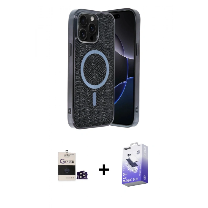 MARSİLYAN™- iPhone 14 Pro Max Kılıf Eksen Çizgi - Siyah Bilvis 5in1 5D Magic Hayalet Cam Ekran Koruyucu + Siyah Bilvis Titan Kamera Lens