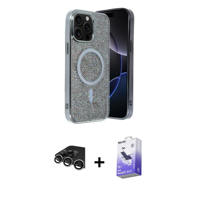 MARSİLYAN™- iPhone 14 Pro Max Kılıf Eksen Çizgi - Siyah Bilvis 5in1 5D Magic Hayalet Cam Ekran Koruyucu + Gümüş Raze Metal Kamera Lens
