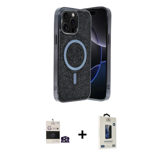 MARSİLYAN™- iPhone 14 Pro Max Kılıf Eksen Çizgi - Siyah Bilvis Hayalet Cam Ekran Koruyucu + Bilvis Titan Kamera Lens - GS