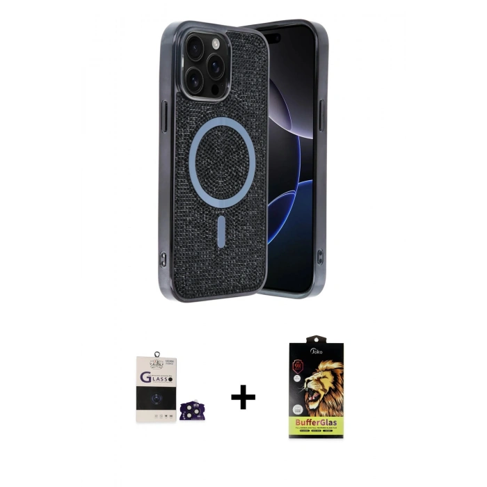 MARSİLYAN™- iPhone 14 Pro Max Kılıf Eksen Çizgi - Siyah Buffer Cam Ekran Koruyucu + Bilvis Titan Kamera Lens - DNMR