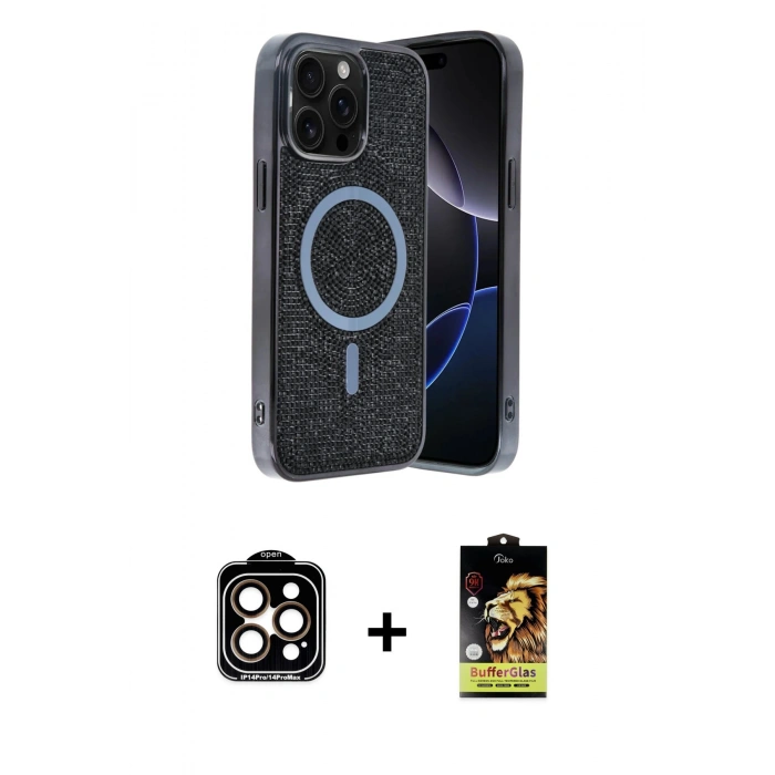 MARSİLYAN™- iPhone 14 Pro Max Kılıf Eksen Çizgi - Siyah Buffer Cam Ekran Koruyucu + PVD Metal Kamera Lens - TU