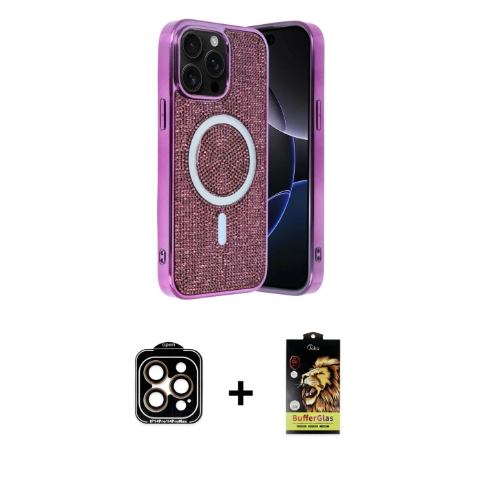 MARSİLYAN™- iPhone 14 Pro Max Kılıf Eksen Çizgi - Siyah Buffer Cam Ekran Koruyucu + PVD Metal Kamera Lens - TU
