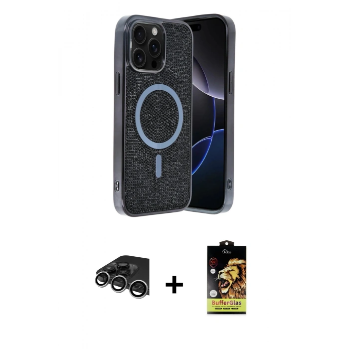MARSİLYAN™- iPhone 14 Pro Max Kılıf Eksen Çizgi - Siyah Buffer Cam Ekran Koruyucu + Raze Metal Kamera Lens - GS