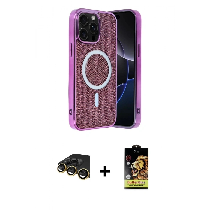 MARSİLYAN™- iPhone 14 Pro Max Kılıf Eksen Çizgi - Siyah Buffer Cam Ekran Koruyucu + Raze Metal Kamera Lens - GD