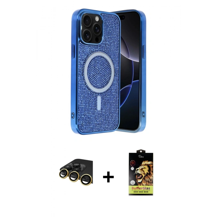 MARSİLYAN™- iPhone 14 Pro Max Kılıf Eksen Çizgi - Siyah Buffer Cam Ekran Koruyucu + Raze Metal Kamera Lens - GD