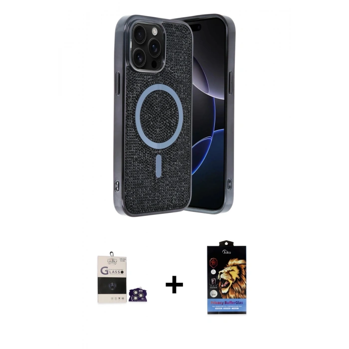MARSİLYAN™- iPhone 14 Pro Max Kılıf Eksen Çizgi - Siyah Buffer Hayalet Cam Ekran Koruyucu + Bilvis Titan Kamera Lens - GS