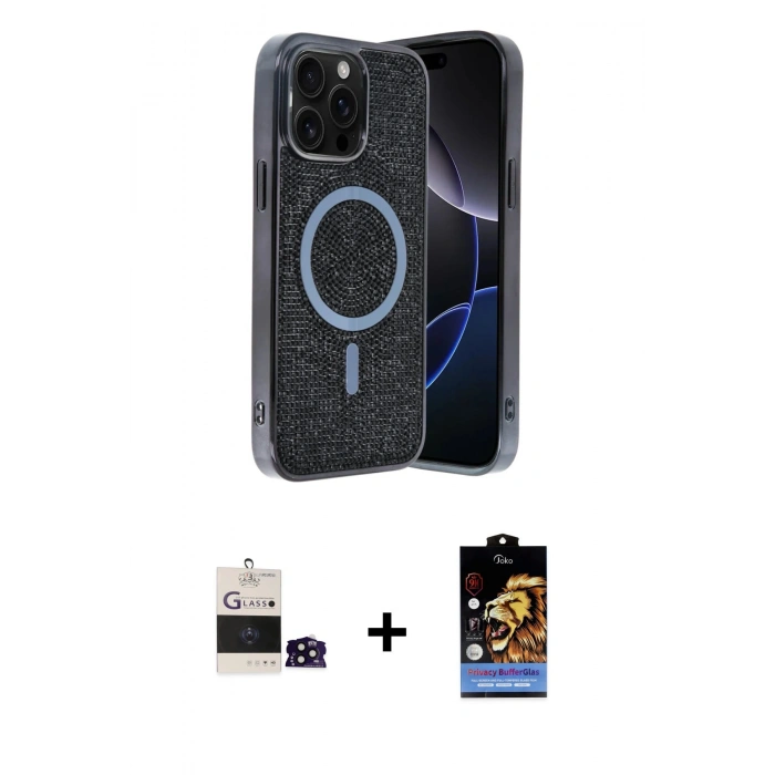 MARSİLYAN™- iPhone 14 Pro Max Kılıf Eksen Çizgi - Siyah Buffer Hayalet Cam Ekran Koruyucu + Bilvis Titan Kamera Lens - SH