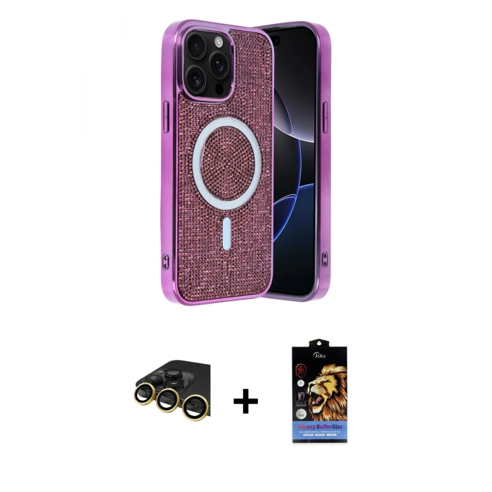 MARSİLYAN™- iPhone 14 Pro Max Kılıf Eksen Çizgi - Siyah Buffer Hayalet Cam Ekran Koruyucu + Raze Metal Kamera Lens - GD
