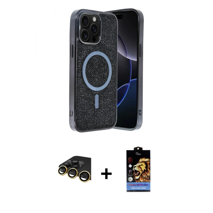 MARSİLYAN™- iPhone 14 Pro Max Kılıf Eksen Çizgi - Siyah Buffer Hayalet Cam Ekran Koruyucu + Raze Metal Kamera Lens - GD