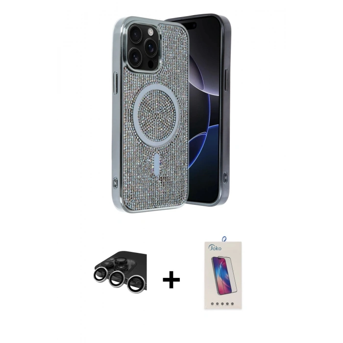 MARSİLYAN™- iPhone 14 Pro Max Kılıf Eksen Çizgi - Siyah Joko 5D Cam + Gümüş Raze Metal Kamera Lens