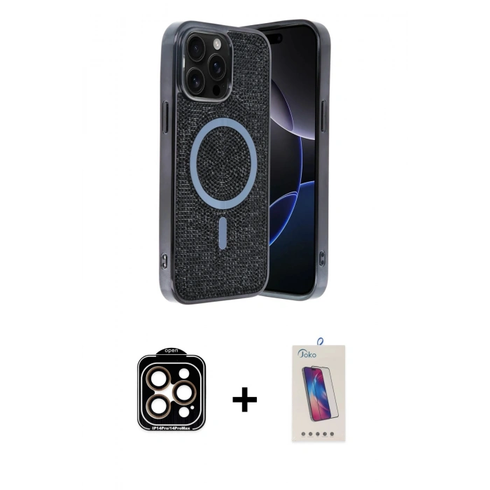 MARSİLYAN™- iPhone 14 Pro Max Kılıf Eksen Çizgi - Siyah Joko 5D Cam + PVD Metal Kamera Lens - TU