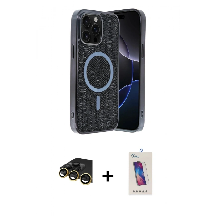 MARSİLYAN™- iPhone 14 Pro Max Kılıf Eksen Çizgi - Siyah Joko 5D Cam + Raze Metal Kamera Lens - GD