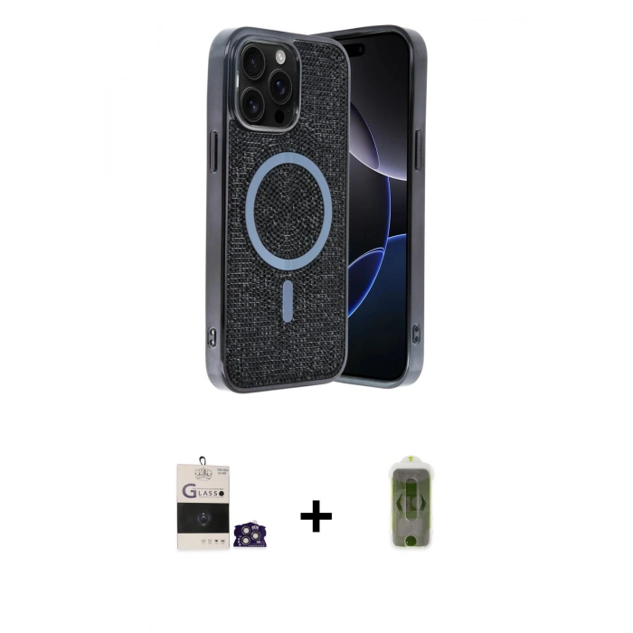 MARSİLYAN™- iPhone 14 Pro Max Kılıf Eksen Çizgi - Siyah Joko Magic 5D Hayalet Cam + Bilvis Titan Kamera Lens - GS