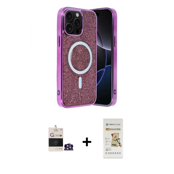 MARSİLYAN™- iPhone 14 Pro Max Kılıf Eksen Çizgi - Siyah Mat Seramik Nano Ekran Koruyucu + Bilvis Titan Kamera Lens - GS