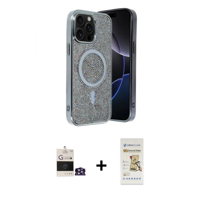 MARSİLYAN™- iPhone 14 Pro Max Kılıf Eksen Çizgi - Siyah Mat Seramik Nano Ekran Koruyucu + Bilvis Titan Kamera Lens - GS