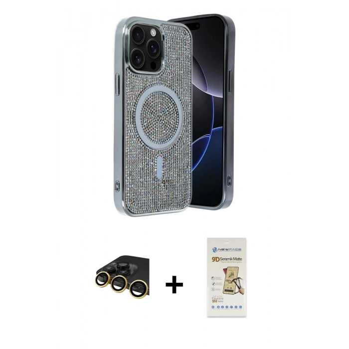 MARSİLYAN™- iPhone 14 Pro Max Kılıf Eksen Çizgi - Siyah Mat Seramik Nano Ekran Koruyucu + Raze Metal Kamera Lens - GD