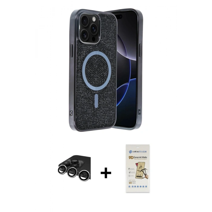 MARSİLYAN™- iPhone 14 Pro Max Kılıf Eksen Çizgi - Siyah Mat Seramik Nano Ekran Koruyucu + Gümüş Raze Metal Kamera Lens