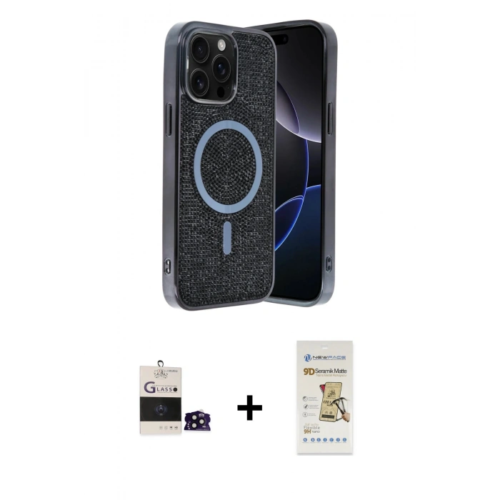 MARSİLYAN™- iPhone 14 Pro Max Kılıf Eksen Çizgi - Siyah Mat Seramik Nano Ekran Koruyucu + Bilvis Titan Kamera Lens - SH