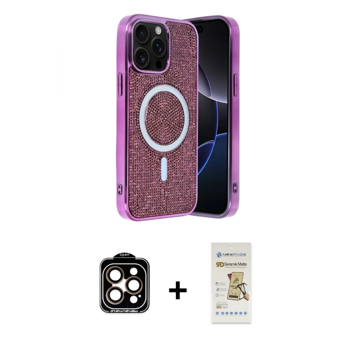 MARSİLYAN™- iPhone 14 Pro Max Kılıf Eksen Çizgi - Siyah Mat Seramik Nano Ekran Koruyucu + Turuncu PVD Metal Kamera Lens