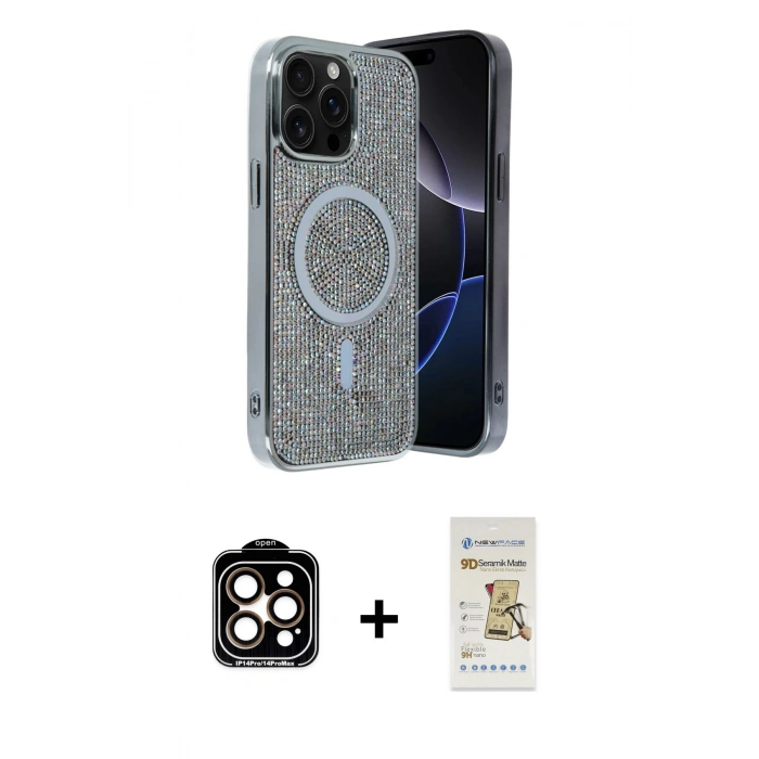 MARSİLYAN™- iPhone 14 Pro Max Kılıf Eksen Çizgi - Siyah Mat Seramik Nano Ekran Koruyucu + Turuncu PVD Metal Kamera Lens